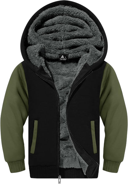 SWISSWELL Hooded Jacket for Boys Full Zip Ultra Soft Sherpa Fleece Hoodie Sweatshirt for Kids School Hooded Outerwear