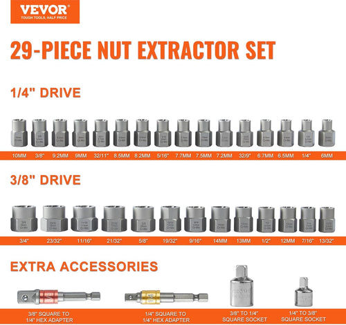 VEVOR Bolt Extractor Set, 32-Piece Bolt and Nut Remover Set, 6mm to 10mm, 13/32" to 3/4", CR-MO Steel Extraction Socket Set with Storage Case, for Removing Damaged Rusted Bolts, Nuts and Screws