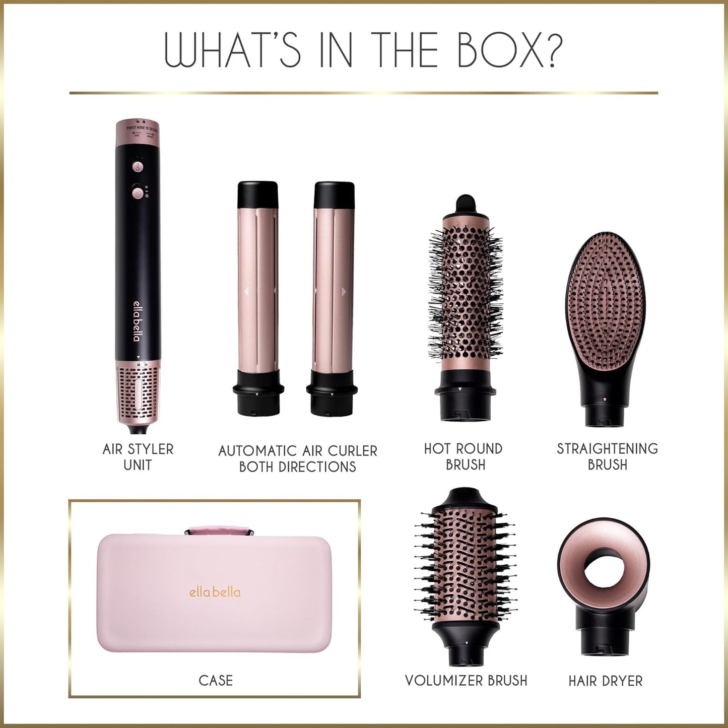 ELLA BELLA® 6 in 1 Professional Hot Air Styler • Powerful Hair Dryer & Straightener Set • Styling Without Heat Damage • Fast Drying Curling Volumizing Straightening • Includes Protective Travel Case