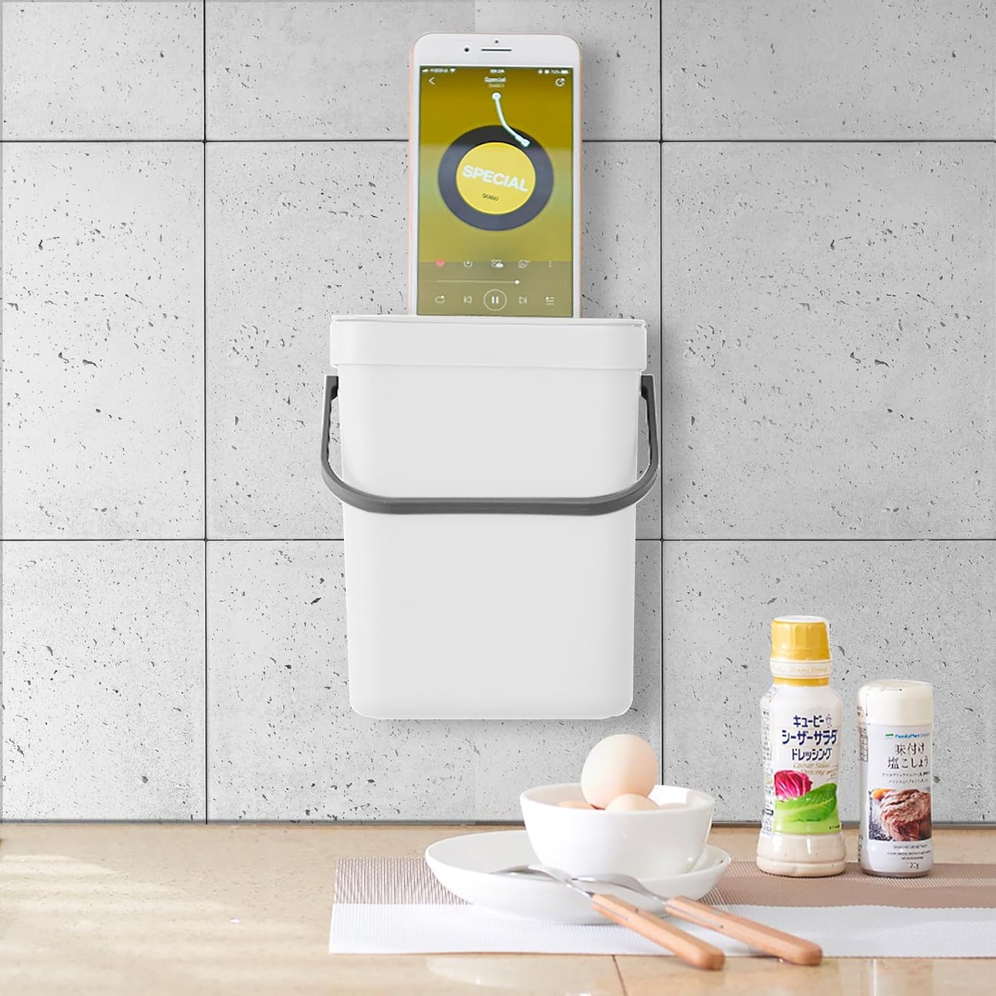 EKO Puro Mini Wall-Mounted Kitchen Trash Can with Lid, Food Waste Caddy, 1.32 Gall / 5L (White)