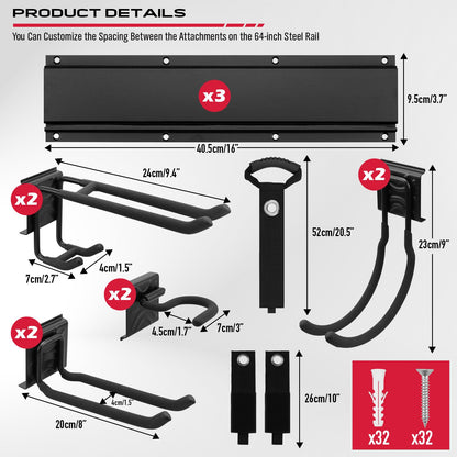 48" Heavy Duty Garage Wall Organizer, Wall Mount Tool Storage Rack with Adjustable Hooks, Garden Tool Organizer Hold Up to 300lbs, Easy Installation (3 Panels, 8 Hooks, 3 Straps)