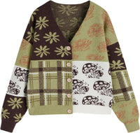 CIDER Cardigans for Women Trendy Mushroom Patchy V Neck Knit Button Down Conversational Pattern Oversized Cardigan