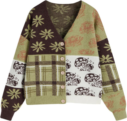 CIDER Cardigans for Women Trendy Mushroom Patchy V Neck Knit Button Down Conversational Pattern Oversized Cardigan