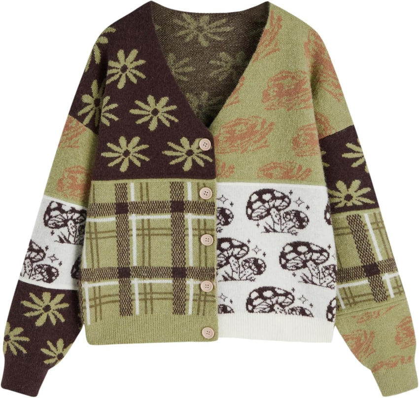 CIDER Cardigans for Women Trendy Mushroom Patchy V Neck Knit Button Down Conversational Pattern Oversized Cardigan