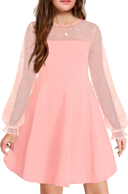 Arshiner Girl's Contrast Mesh Puff Long Sleeve High Waist A Line Short Dress with Pockets for 6-13 Years