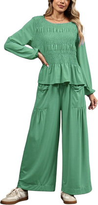 Womens 2-Piece Boho Long Sleeve Smocked Top & Wide Leg Pants Set Casual Lounge Outfit with Pockets