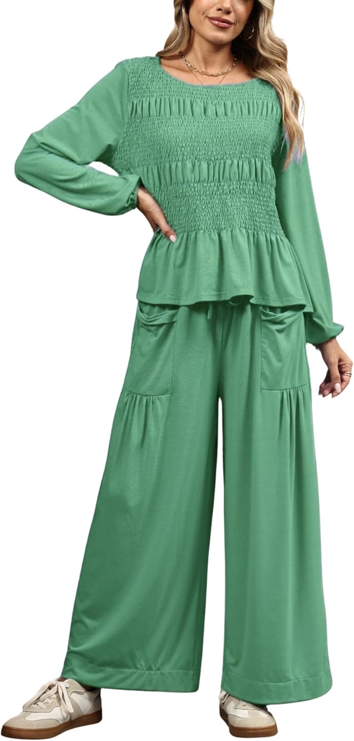 Womens 2-Piece Boho Long Sleeve Smocked Top & Wide Leg Pants Set Casual Lounge Outfit with Pockets