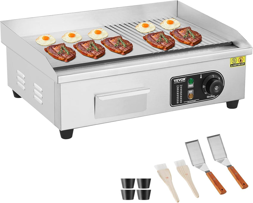 VEVOR Commercial Electric Griddle, 1600W Countertop Half-Flat Top Grill, 22in Stainless Steel Griddle Grill with 2 Shovels and 2 Brushes for Home or Restaurant, 122℉-572℉ Adjustable Temp