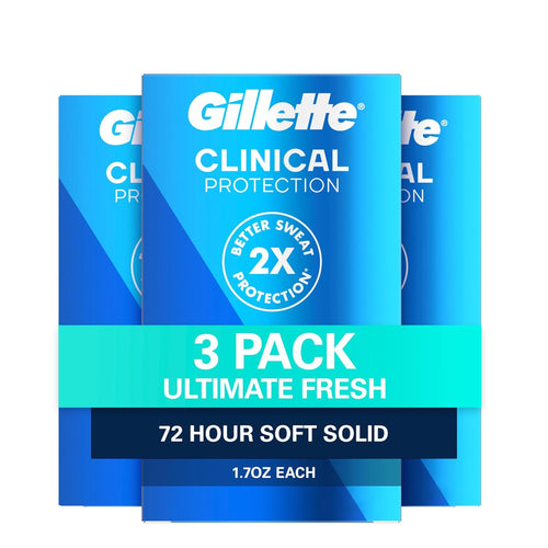 Gillette Clinical Antiperspirant and Deodorant for Men, 72hr Sweat & Odor Protection, Long Lasting Freshness, Anti-White Mark Technology, Soft Solid, Ultimate Fresh Scent, 1.7 oz (Pack of 3)