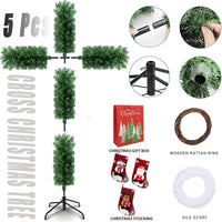 Cross Christmas Tree - 6 Ft Pre-Lit Artificial Pine Cross With LED Lights and White Crown Silk (4ft)