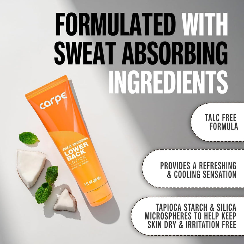 Carpe Lower Back Sweat Absorber & Butt Sweat Prevention Lotion ~NEW~ Keep Your Back, Buttocks, & Waistband Dry with a Sweat Absorbing Formula that Prevents & Controls Moisture for All-Day Freshness
