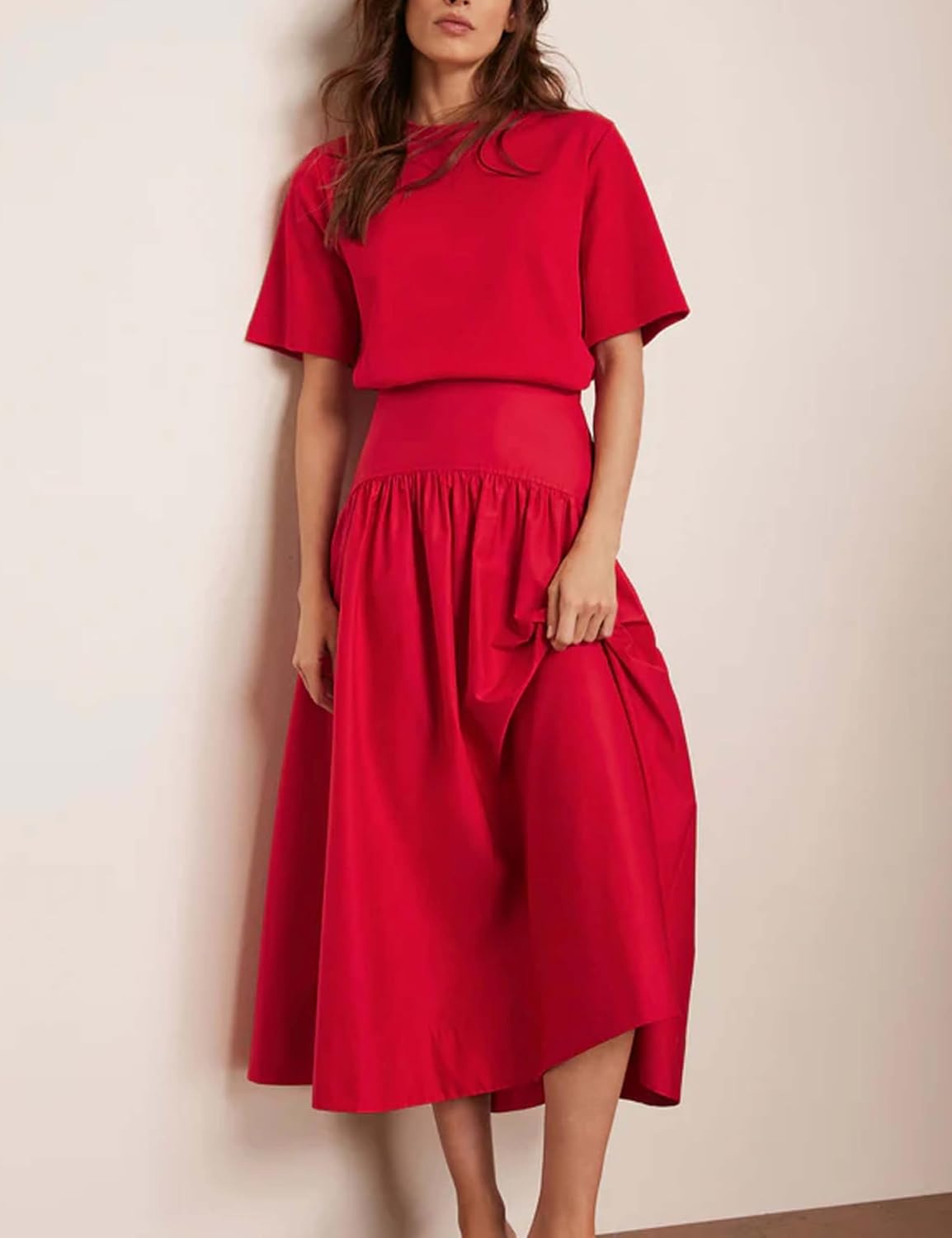 Bozanly Summer Two Piece Outfits Skirts Set for Women Crewneck Short Sleeve Tee and Midi Skirt Sets Dresses