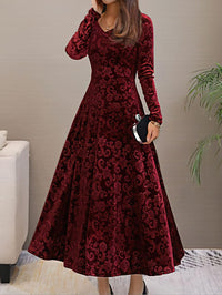 Women's Velvet Midi Dresses Floral Print Long Sleeve V Neck Formal Wedding Guest Fall Winter Dress