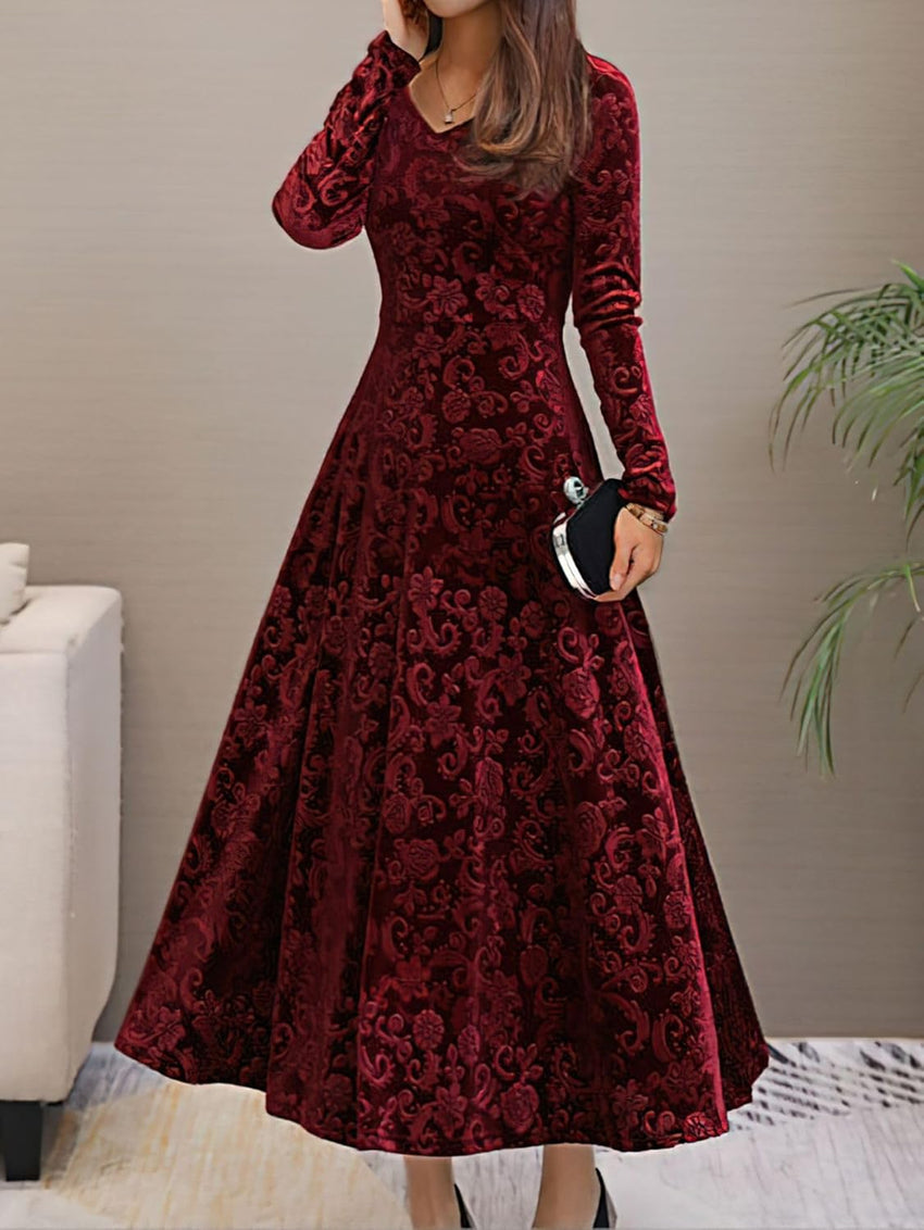 Women's Velvet Midi Dresses Floral Print Long Sleeve V Neck Formal Wedding Guest Fall Winter Dress
