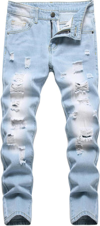 Boy's Skinny Fit Ripped Destroyed Distressed Stretch Slim Jeans Pants