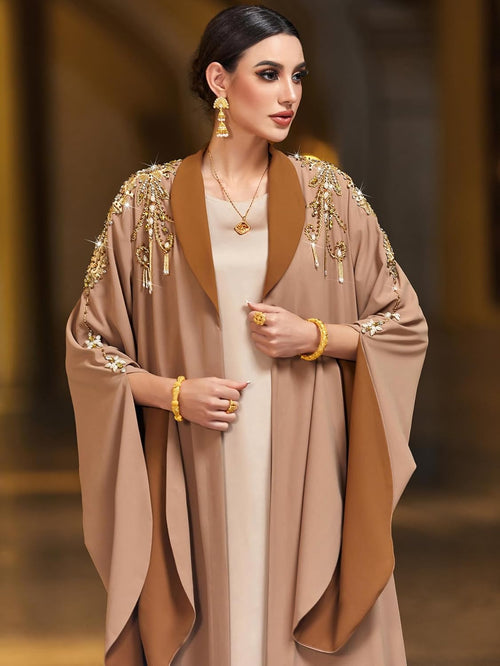 Handmade Beaded Kaftan Open Front Abaya Long Sleeve Maxi Dress, NO INNER, Arabian Robe for Casual Festival Gathering Travel