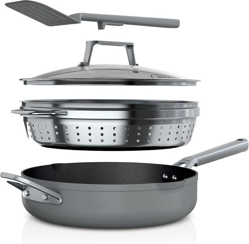 Ninja, Cookware, Steamer, Strainer Basket, Glass Lid and Spatula, Foodi NeverStick PossiblePan, Premium Set with 4-Quart Capacity Pan, Nonstick, Durable, Oven Safe Cookware, Cherry Tart, CW102RD