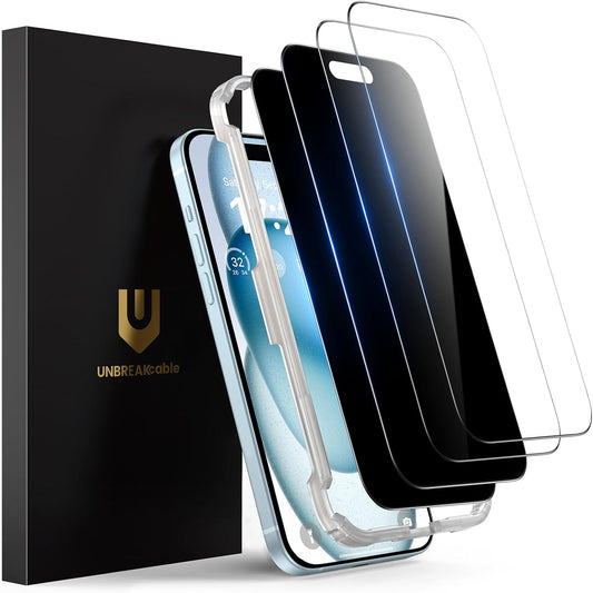 UNBREAKcable 4PCS Screen Protector for iPhone 15-2 Privacy Tempered Glass+2 Clear Glass Double Shatterproof [Easy Installation Frame] [9H Hardness] [Case Friendly] Anti-Scratch for iPhone 6.1 inch