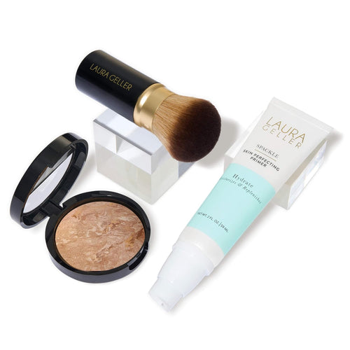 LAURA GELLER NEW YORK Laura's Must-Haves Kit 3pc: Baked Balance-n-Brighten Powder Foundation, Medium + Spackle Skin Perfecting Makeup Primer, Hydrate + Airbrush Round Kabuki Brush