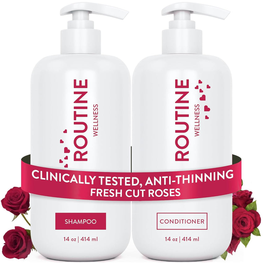 Routine Wellness Anti-Thinning Shampoo and Conditioner Set for Thinning Hair - Biotin DHT Blocker Women & Men - Color Safe Shampoo for Hair Loss & Healthier Hair - Rose Hips (Pack of 2)