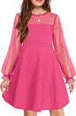 Arshiner Girl's Contrast Mesh Puff Long Sleeve High Waist A Line Short Dress with Pockets for 6-13 Years