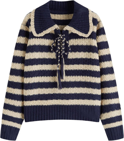 CIDER Striped Sweaters for Women Collar Knit Long Sleeve Knotted Loose Fit Pullover Winter Sweater Fall Tops