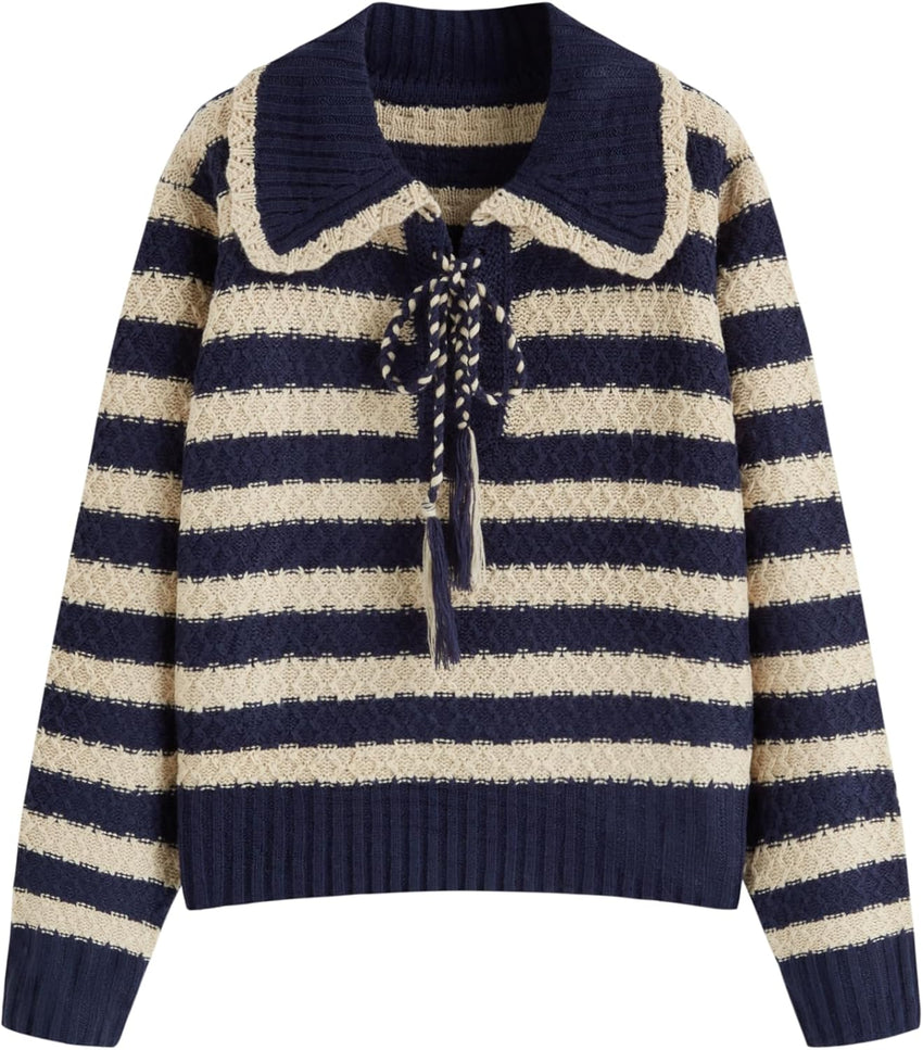 CIDER Striped Sweaters for Women Collar Knit Long Sleeve Knotted Loose Fit Pullover Winter Sweater Fall Tops