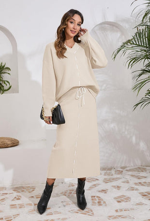 Pink Queen 2025 Women's 2 Piece Sweater Set V Neck Rib Knit Long Sleeve Maxi Bodycon Skirt Casual Outfits