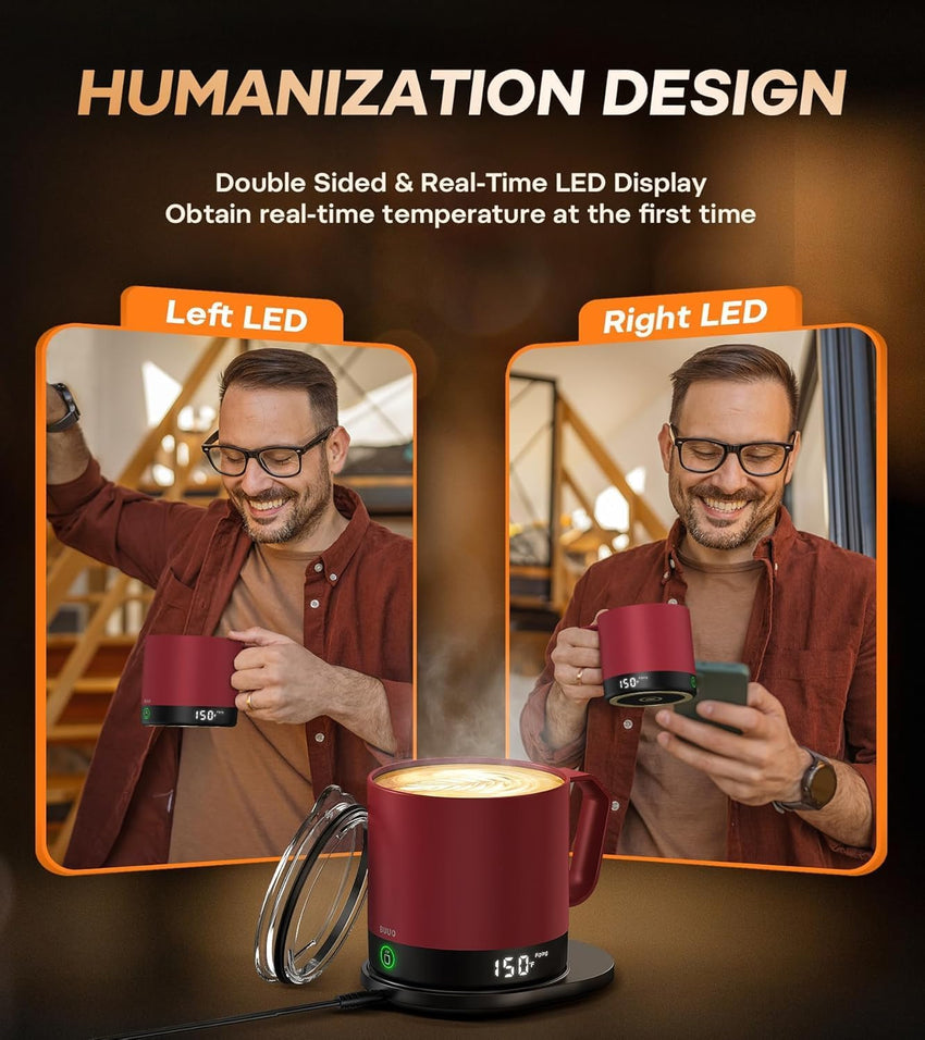 Heated Coffee Mug Rechargeable - Temperature Control Self Heating Coffee Mug 14oz with Lid, Double Sided & Real-Time LED Display, Hot up to 150℉, Birthday Gifts for Women and Men(Red)