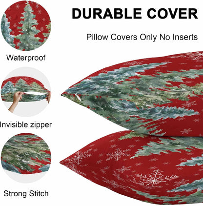 Outdoor Throw Pillow Covers Waterproof Pillow Cases 16x16in, Merry Christmas Tree Gradient Green Decorative Pillow Covers Cushion Cases for Couch Sofa Patio Garden,2 Pack Winter Snowflake on Red