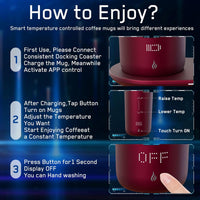 Temperature Control Heated Coffee Mug Smart Self Heating Travel Mug 12 Oz App Controlled Warmer Mug 4-10 Hour LED Display Keep Coffee Hot All Day Fast Wireless Charger Base Rogue red