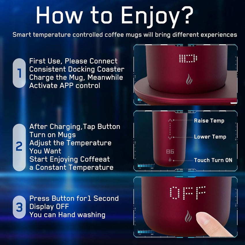 Temperature Control Heated Coffee Mug Smart Self Heating Travel Mug 12 Oz App Controlled Warmer Mug 4-10 Hour LED Display Keep Coffee Hot All Day Fast Wireless Charger Base Rogue red