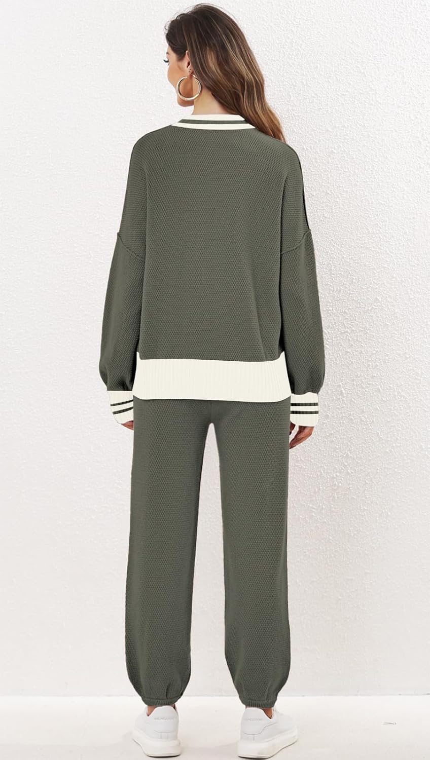 Women's 2 Piece Outfit Lounge Set Trendy Cardigan Sweater Pants Sets V Neck Button Pocket Knit Matching Loungewear