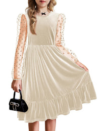 Arshiner Girls Dresses Contrast Mesh Velvet Long Sleeve A-Line Vintage Party Dress with Pockets