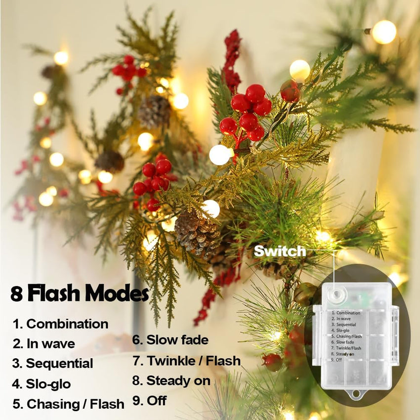 Christmas Garland 6FT 20 LED Bulbs Cypress Pine Garland with Lights Battery Operated with Timer Bells Red Berries Pinecones Green Garlands Decoration for Xmas Holiday Thanksgiving New Year Home Decor