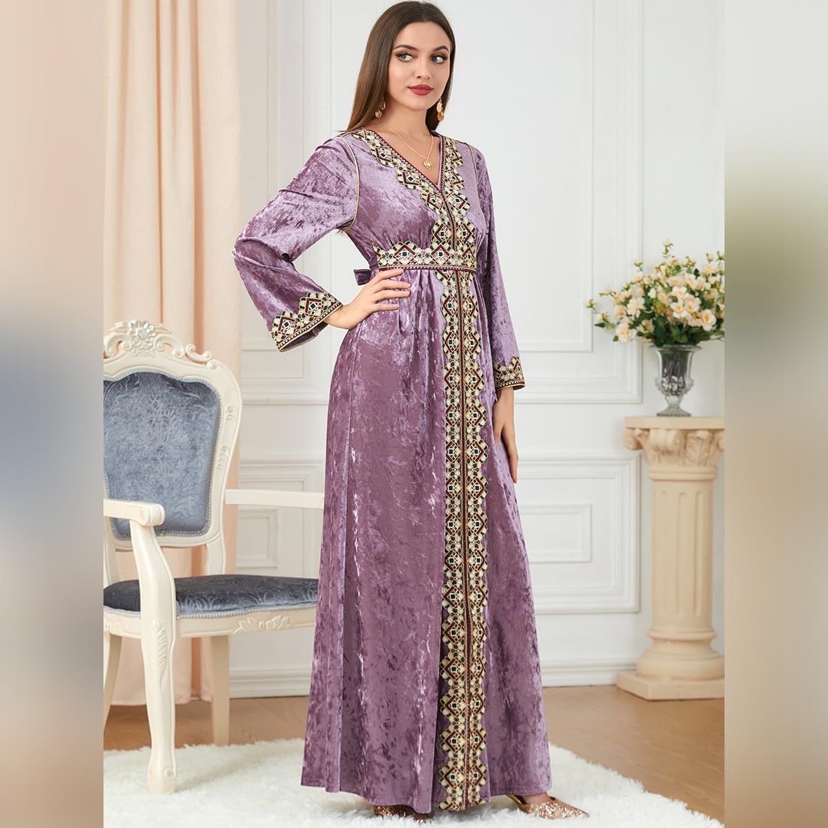 ODIZLI Muslim Kaftan Abaya Moroccan Fashion Autumn Winter Long Sleeve Velvet Dress for Eid Ramadan