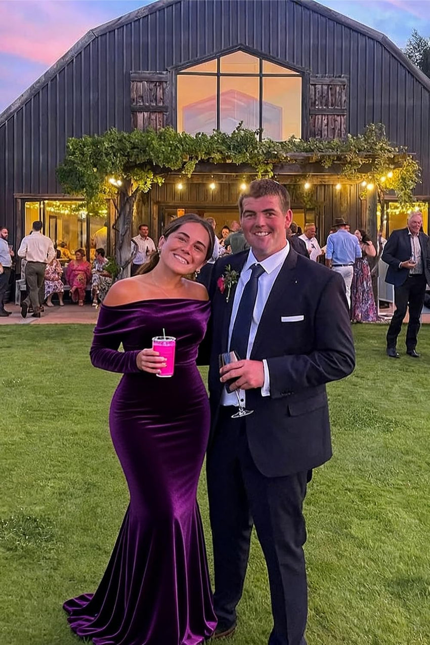 Off The Shoulder Velvet Formal Dresses Mermaid Long Sleeve Wedding Guest Dress Wrap Evening Dress