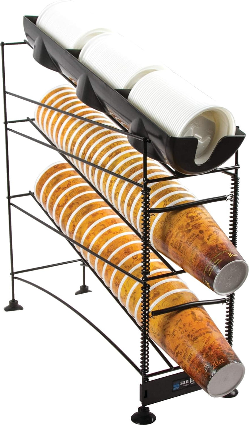 San Jamar Wireworks Cup and Lid Dispenser Fits 8 - 44 Oz. Cups, 3 Tiers with Suction Cup Feet for Restaurants, Fast Food, And Kitchens, Plastic, 8.25 X 20.5 X 22.5 Inches, Black