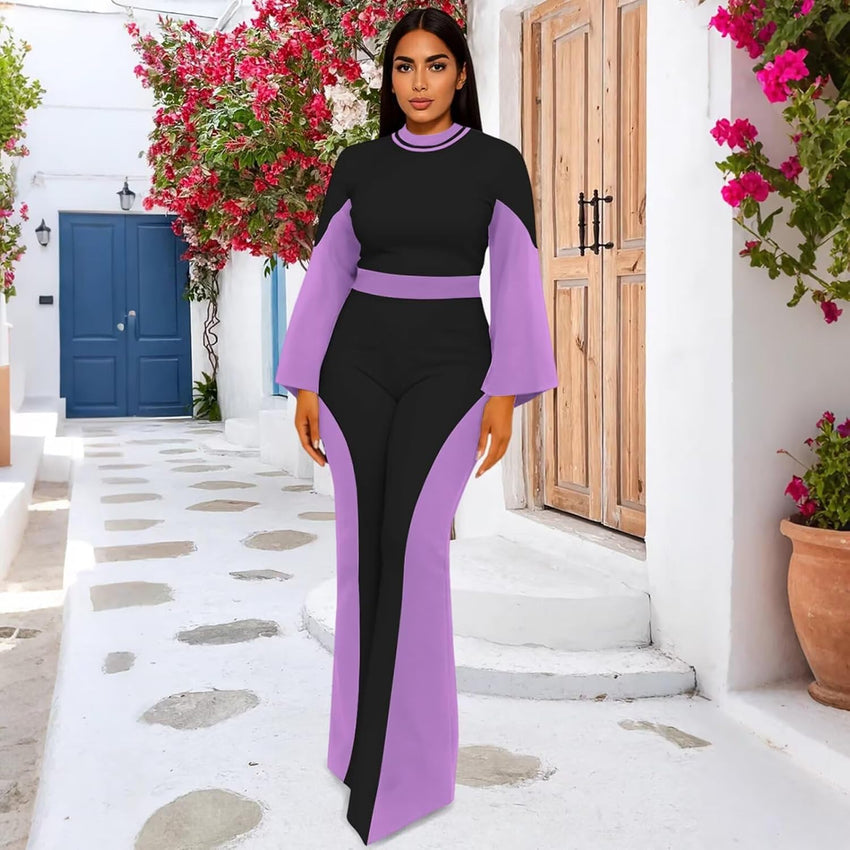 WXN Two Piece Sets for Women Going Out Long Flared Sleeve Colorblock Crop Top Wide Pants Set Brunch Outfits
