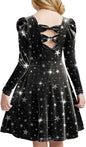 Arshiner Girls Long Sleeve Dress Velvet Crew Neck Bow Back Holiday Party Dresses with Pockets
