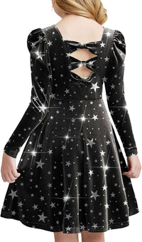 Arshiner Girls Long Sleeve Dress Velvet Crew Neck Bow Back Holiday Party Dresses with Pockets