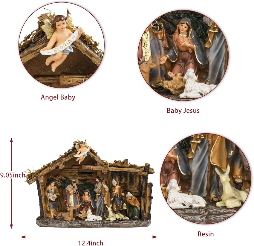Bshine Nativity Scene Set Christmas Decor, Wooden Stable with LED Lights 12.4x9.05 Holy Family with Manger Baby Jesus Figurine, Nativity Scene Indoor Decor Home Desktop Collectible Ornaments