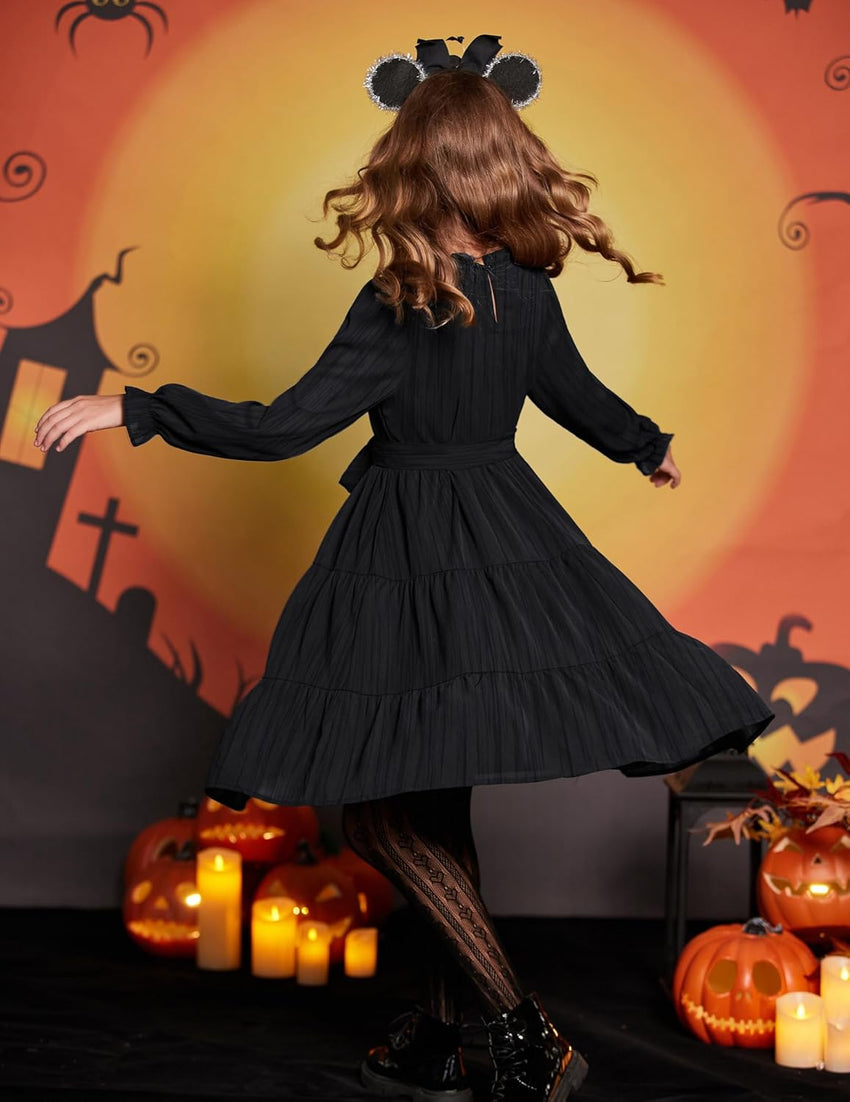 Arshiner Girls Long Sleeve Dress Tween Fall Formal Party Holiday Midi Tiered Flowy Swing Dresses with Belt 5-13 Y