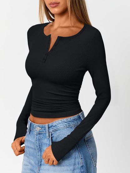 7DAY'S Queen Womens Long Sleeve Shirts 2025 Henley Casual Fall Outfits Fitted Tops Ribbed Fashion Basic Tees
