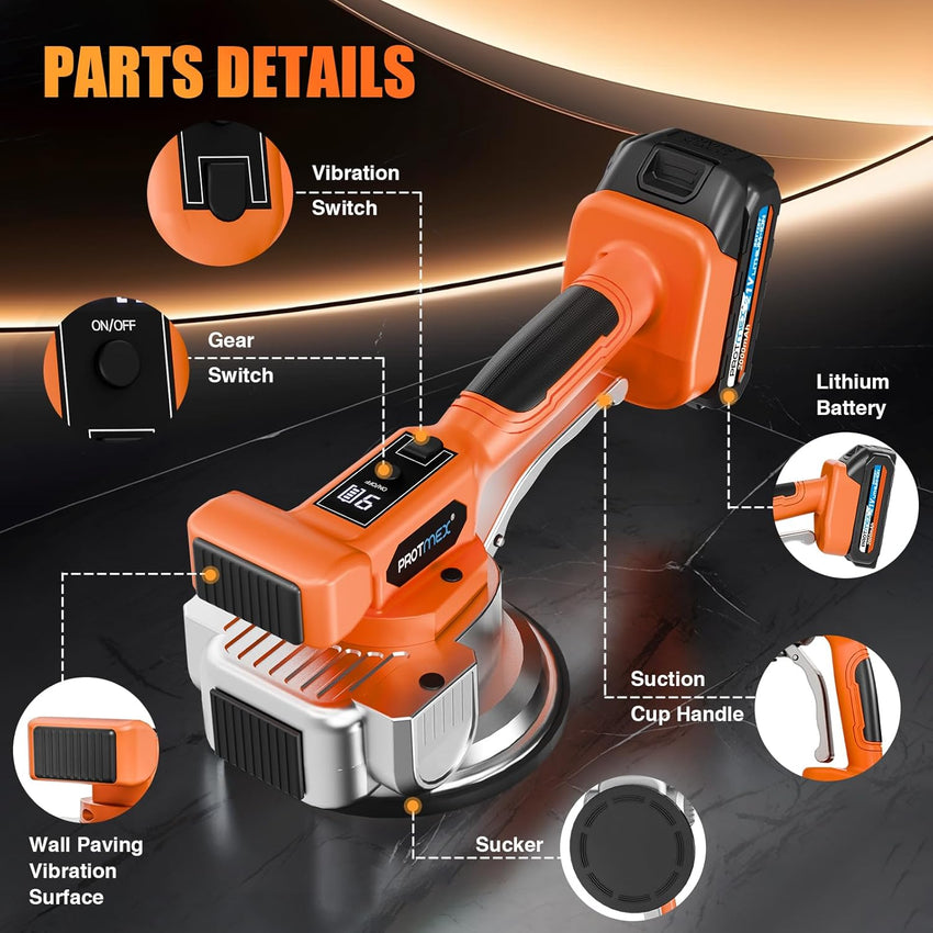 Tile Vibration Tool with 2 * 21V Batteries, Cordless Tile Vibration Max 25000r/Min, Tile Vibrator with 145mm Suction Cup 9 Adjustable Speed Digital Display for Floor Wall