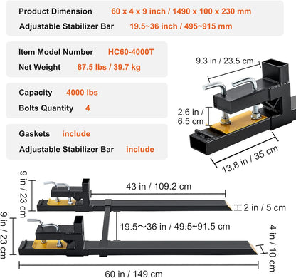 VEVOR Pallet Forks, 4000 lbs Clamp on Pallet Forks, 60" Total Length Heavy Duty Pallet Forks with Adjustable Stabilizer Bar, Tractor Bucket Forks for Loader Bucket Skid Steer Tractor