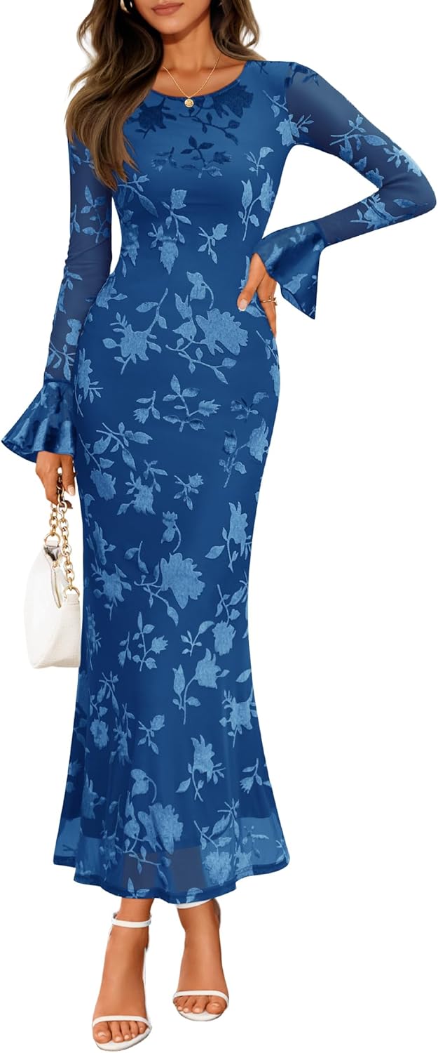 ZESICA Women's 2025 Bell Long Sleeve Floral Maxi Dress Fall Fashion Bodycon Mesh Wedding Guest Cocktail Party Dresses