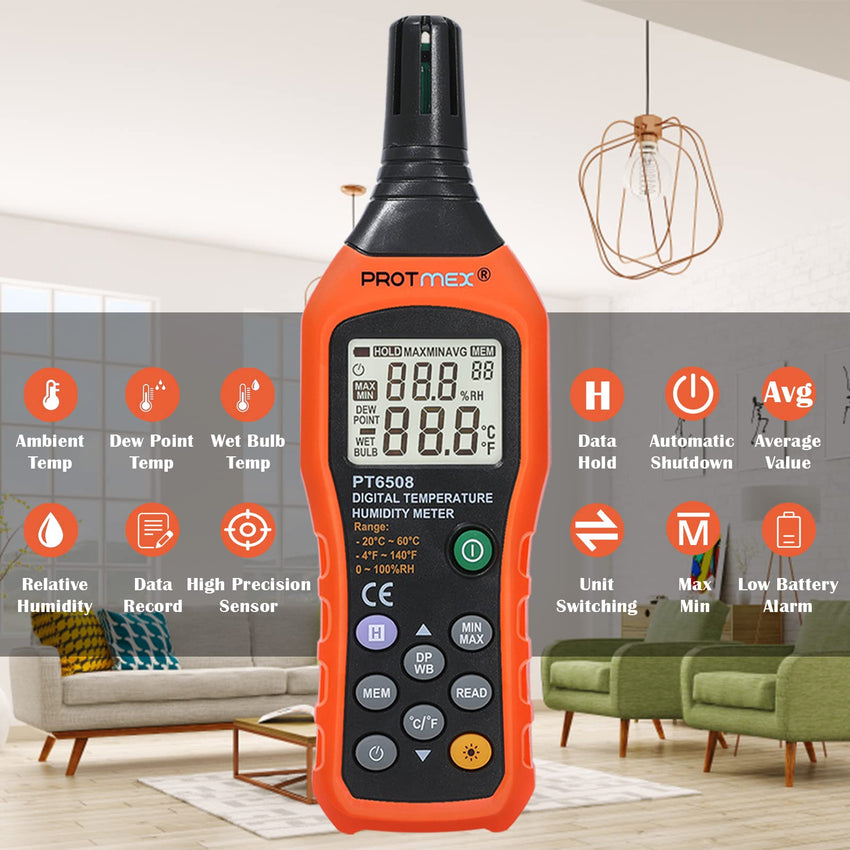 Digital Temperature Humidity Meter, Thermometer Hygrometer with Ambient Dew Point and Wet Bulb Temperature Indoor and Outdoor, Data Logger with Min/Max Hold, LCD Backlight, PT6508