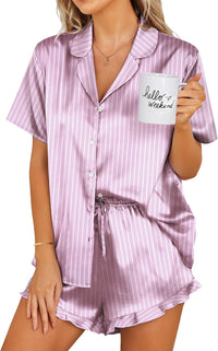 Ekouaer Womens Satin Pajamas Set Button Down 2 Piece Silk Pjs Shorts Set Ruffle Lingerie Notch Collar Sleepwear