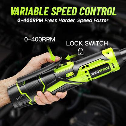 3/8" Cordless Ratchet Wrench, 6-inch Extended Ratchet Wrench, 40Ft-lbs 400RPM Cordless Ratchet, 2 Batteries Power Electric Ratchet Driver with Variable Speed, 7 Sockets, LED Light